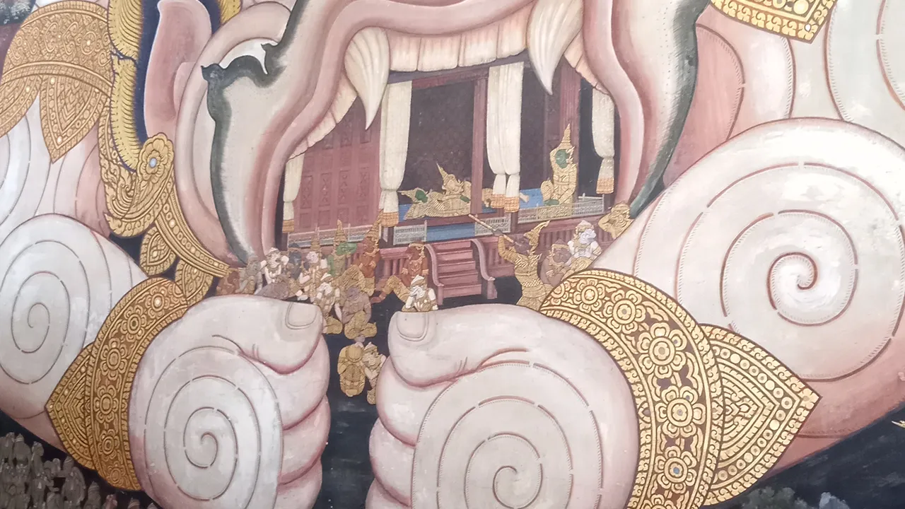 Demonio de los murales del Ramakien Palacio Real Bangkok Tailandia