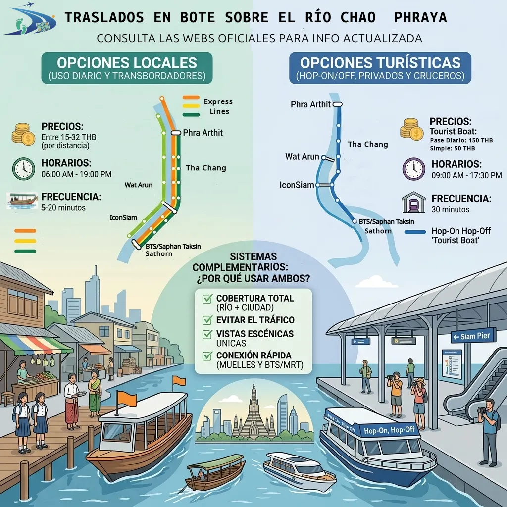 bangkok-traslados-botes-chao-phraya Infografía de opciones de trslados en Bote sobre el río Chao Phraya Bangkok